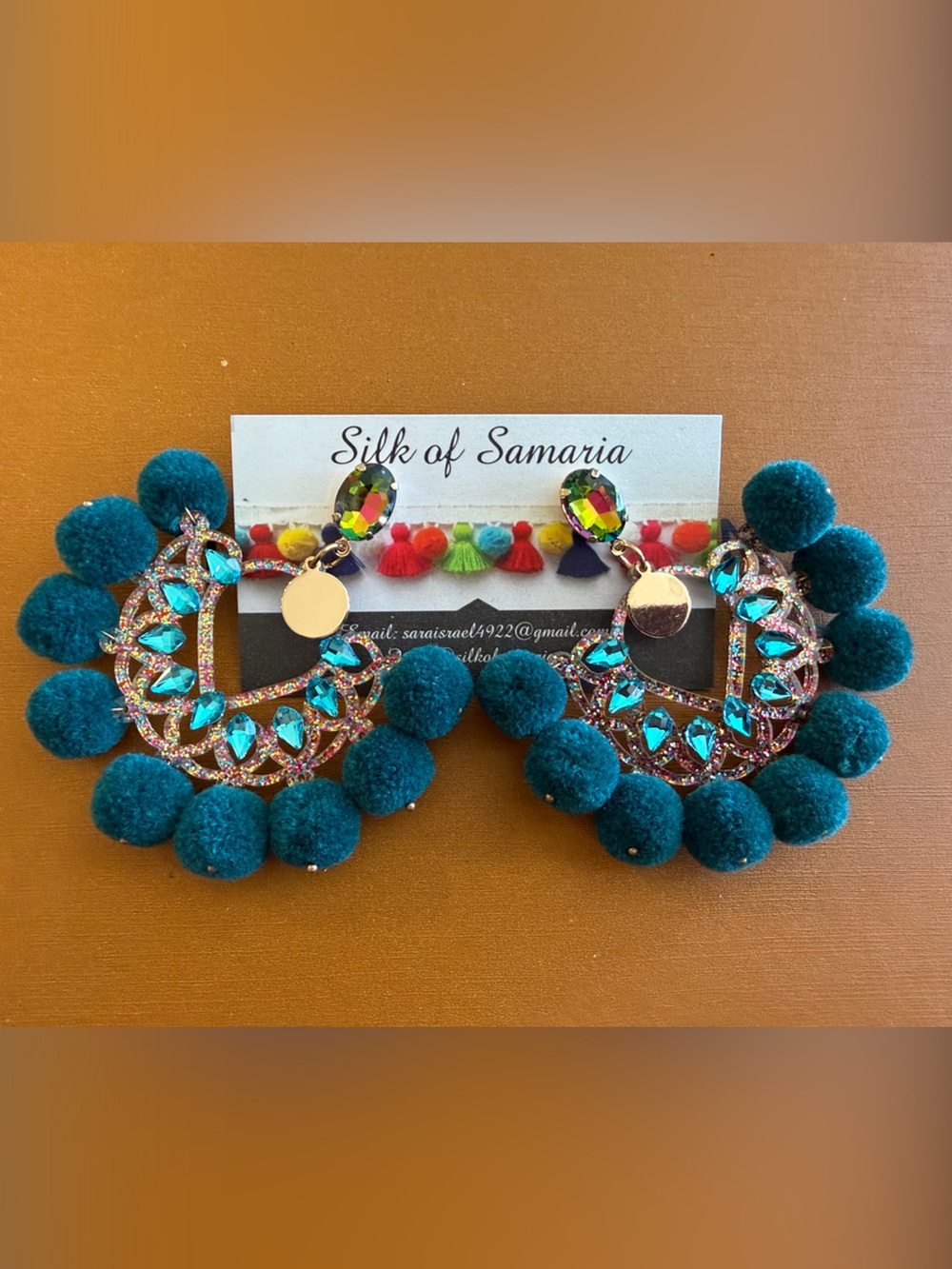 Teal Pom Pom Statement Earrings with Turquoise Rhinestones